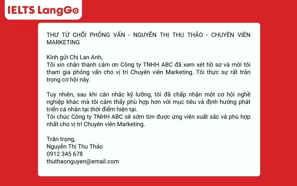 Mẫu thư từ chối phỏng vấn qua Email