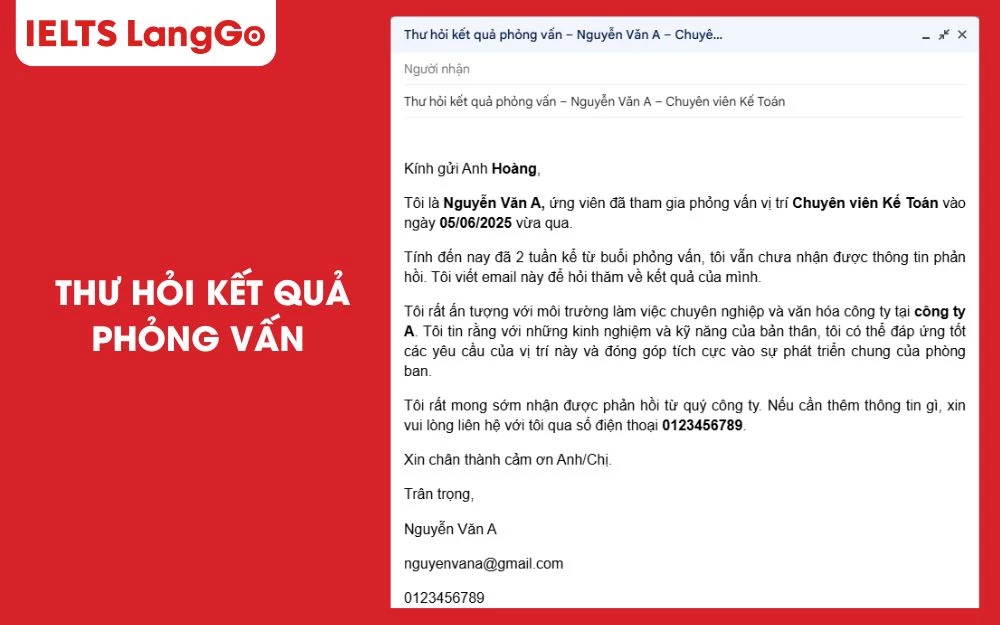 Mẫu thư hỏi kết quả phỏng vấn chuyên nghiệp