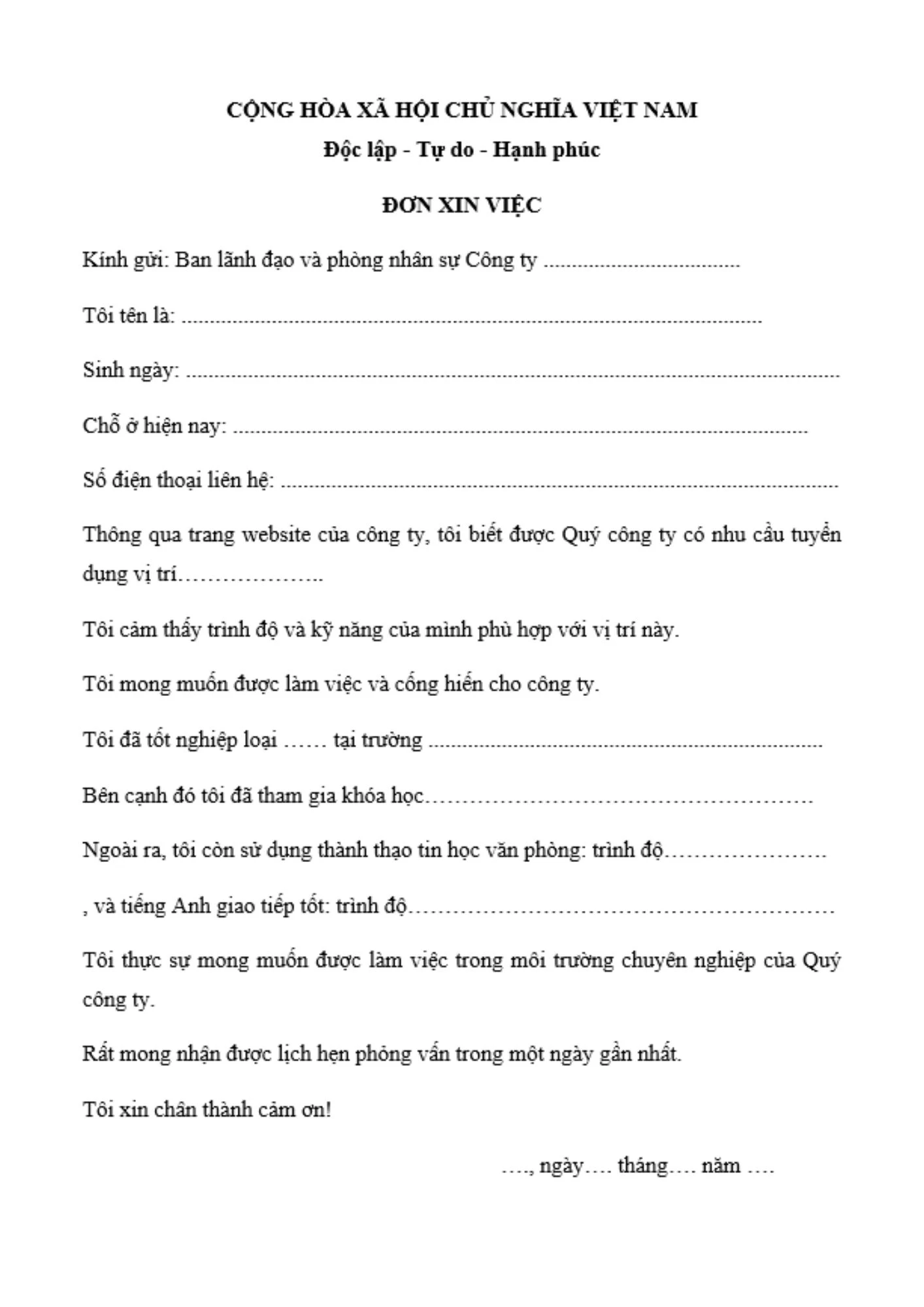 Mẫu đơn cho sinh viên mới ra trường số 1