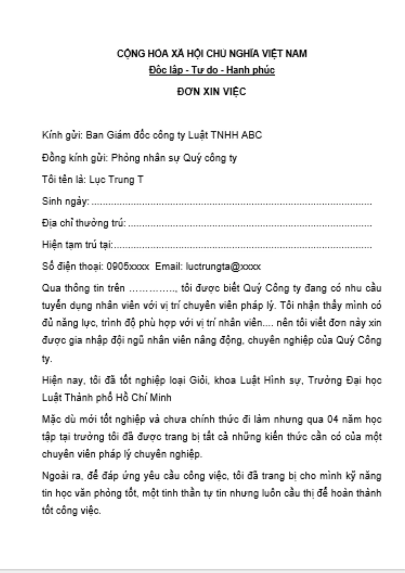 Mẫu đơn cho sinh viên mới ra trường số 3