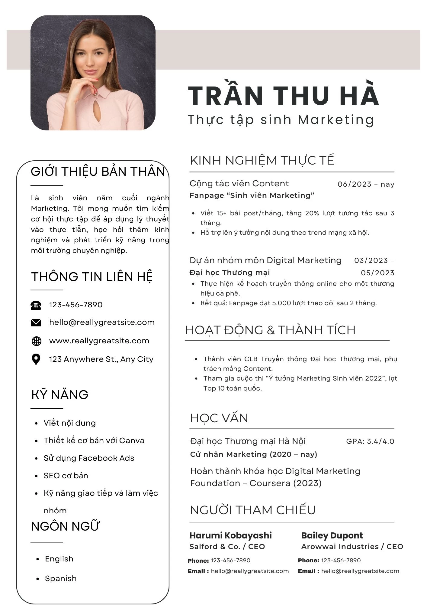 Mẫu CV thực tập sinh Marketing (tiếng Việt)