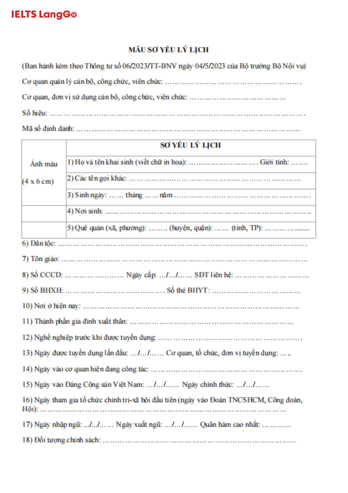 Mẫu sơ yếu lý lịch theo quy định nhà nước