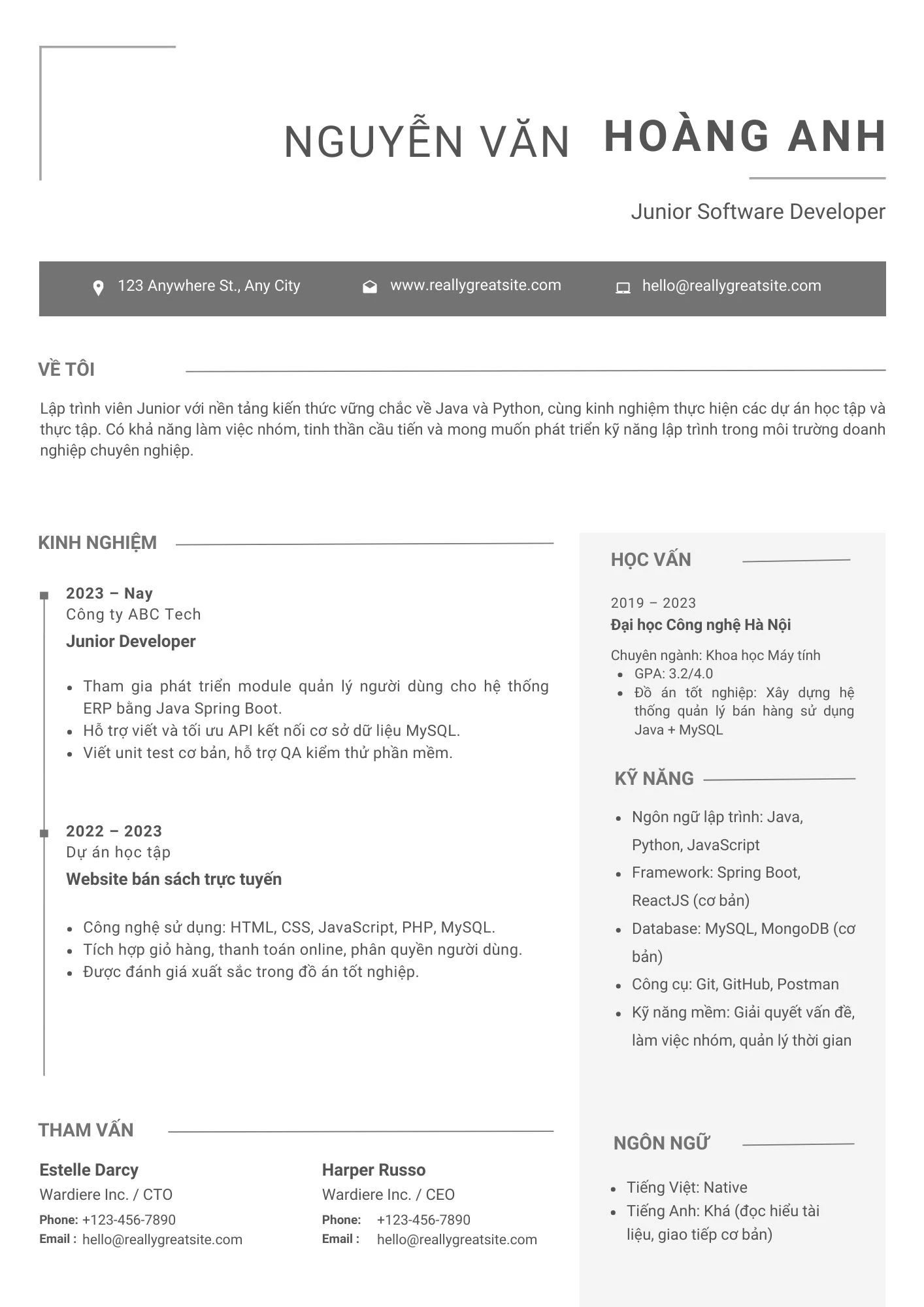 Mẫu CV IT cho lập trình viên junior