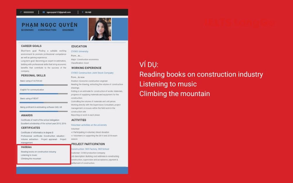 Vị trí đặt phần sở thích trong CV tiếng Anh