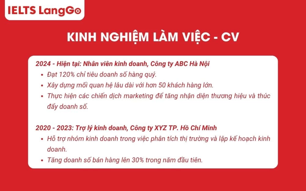 Kinh nghiệm làm việc trong CV Nhân viên kinh doanh 