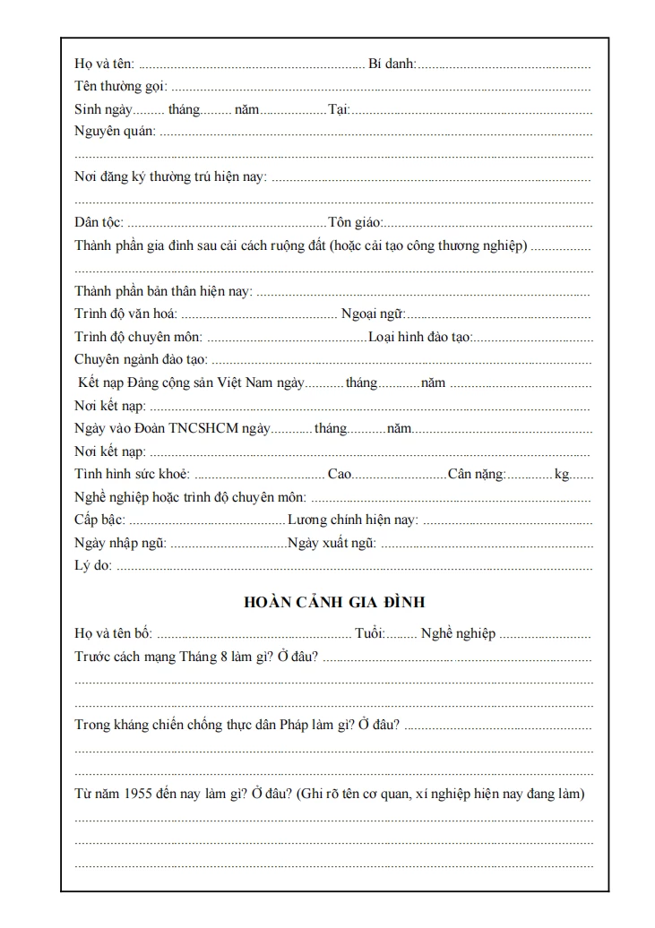 Mẫu sơ yếu lý lịch tự thuật