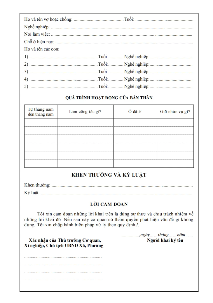 Mẫu sơ yếu lý lịch tự thuật