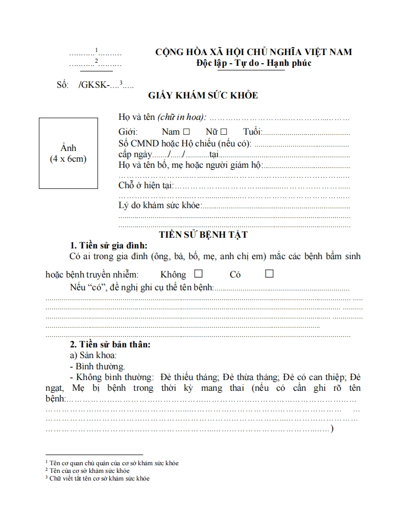 Mẫu giấy khám sức khỏe