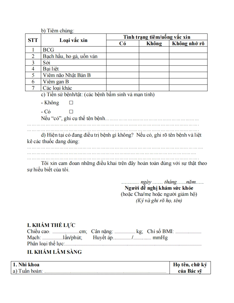 Mẫu giấy khám sức khỏe