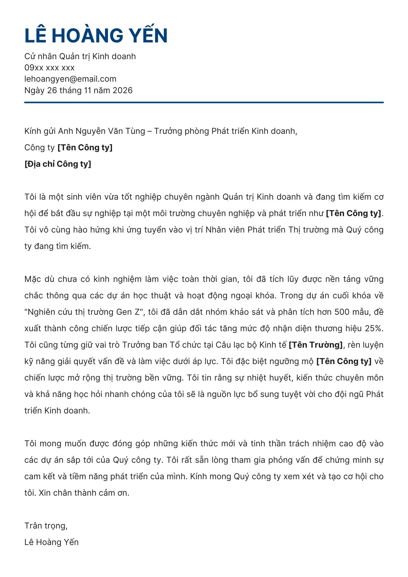 Mẫu Cover Letter cho sinh viên mới ra trường bằng tiếng Việt