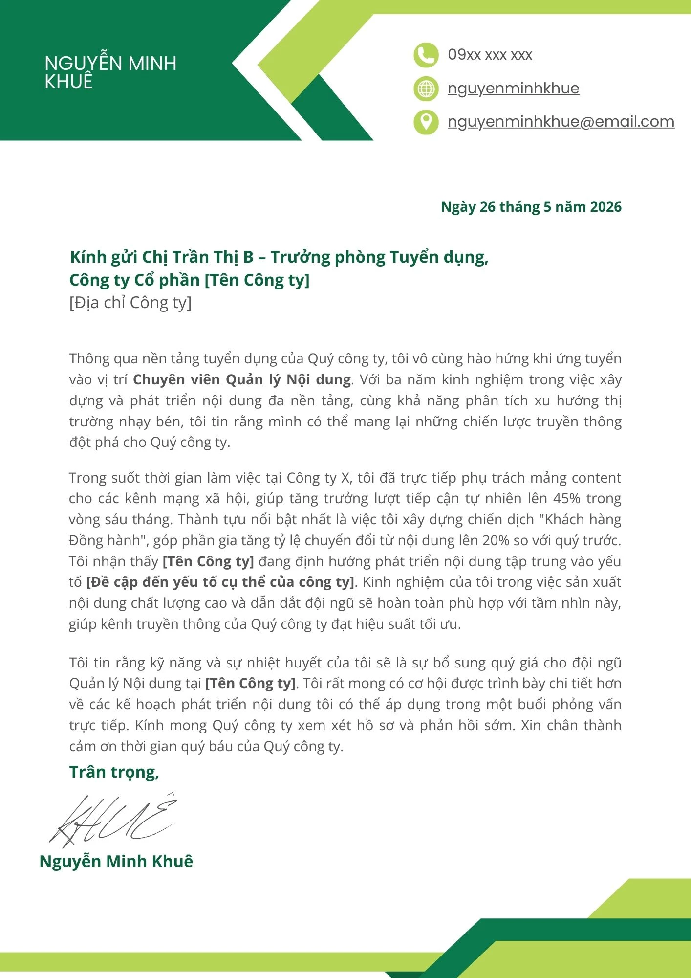 Mẫu Cover Letter tiếng Việt