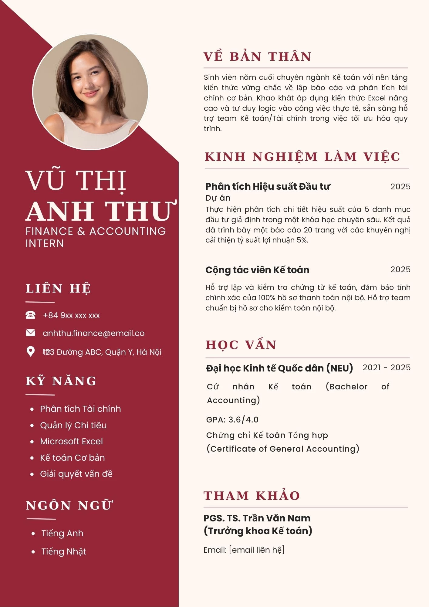 Mẫu CV thực tập sinh lĩnh vực Tài chính – Kế toán