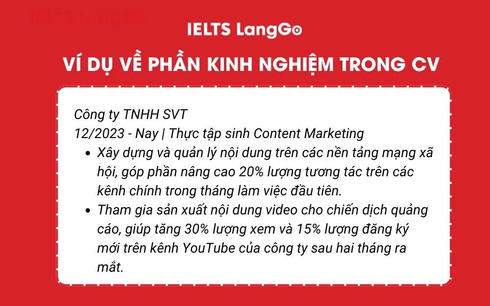 Ví dụ cách viết kinh nghiệm chuyên môn trong CV thực tập sinh ( có kinh nghiệm )