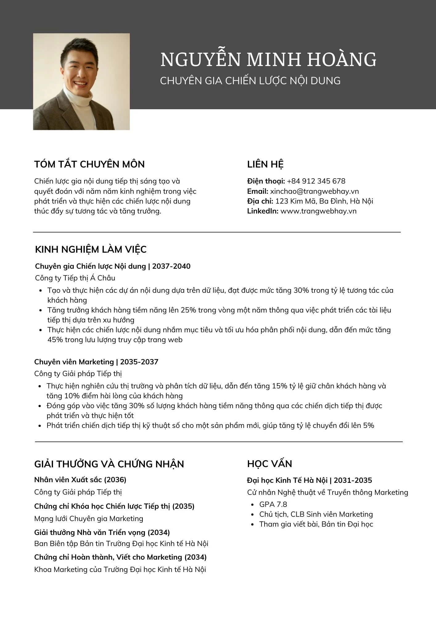 Mẫu CV Content Marketing dành cho Junior
