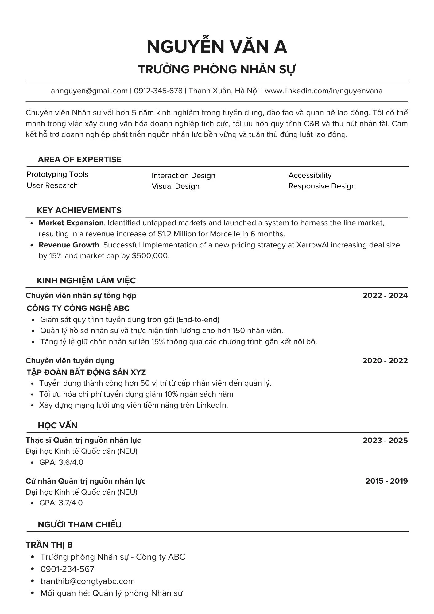 Thông tin cá nhân và kinh nghiệm được trình bày rõ ràng