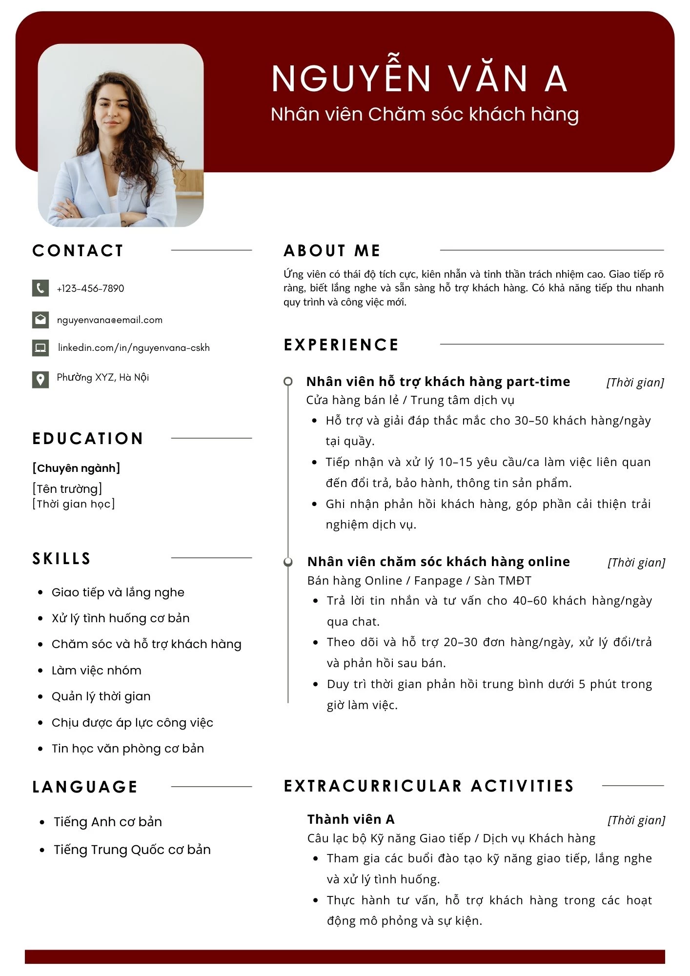 CV Nhân viên Chăm sóc Khách hàng trình bày rõ ràng, dễ theo dõi