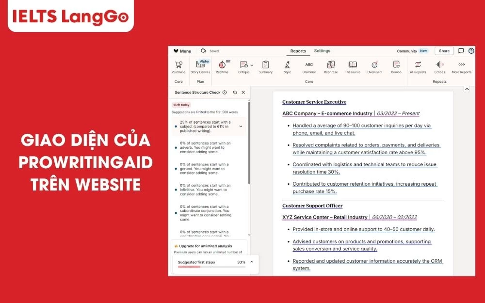Giao diện của ProWritingAid mượt mà, dễ dàng thao tác