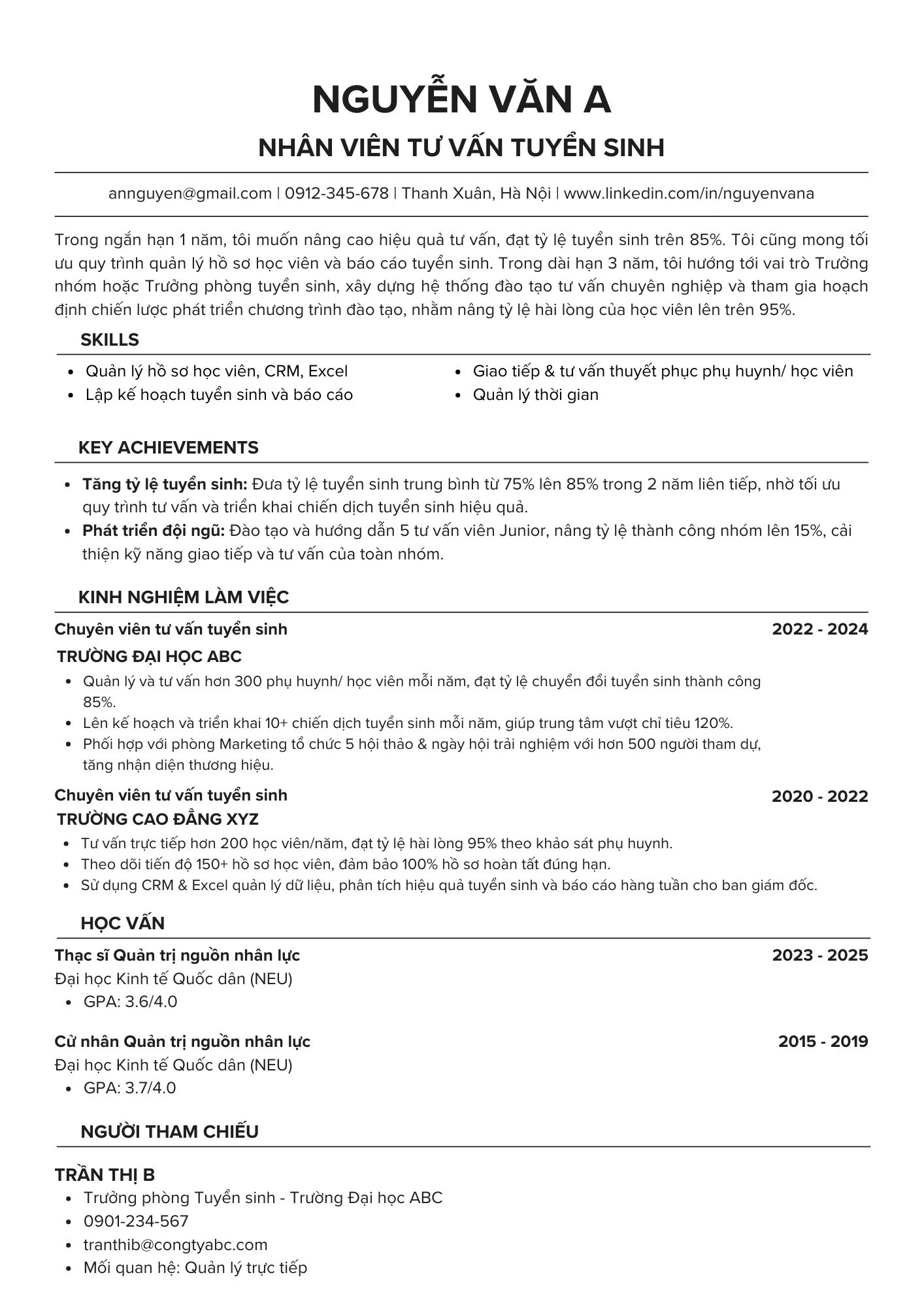 Mẫu CV dành cho vị trí Trưởng phòng tư vấn tuyển sinh