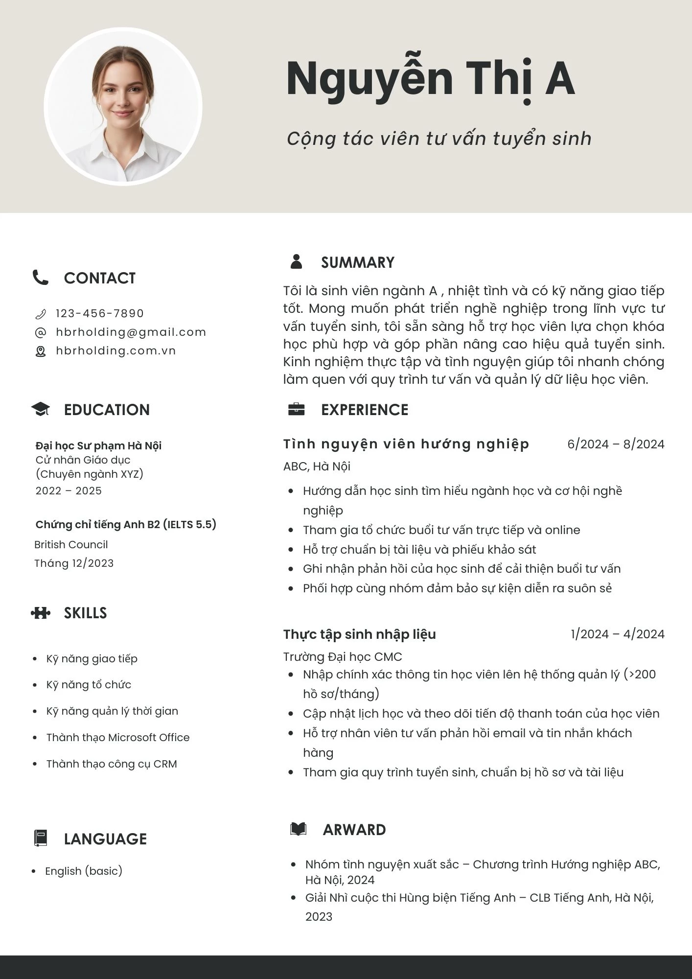 Mẫu CV dành cho vị trí Fresher