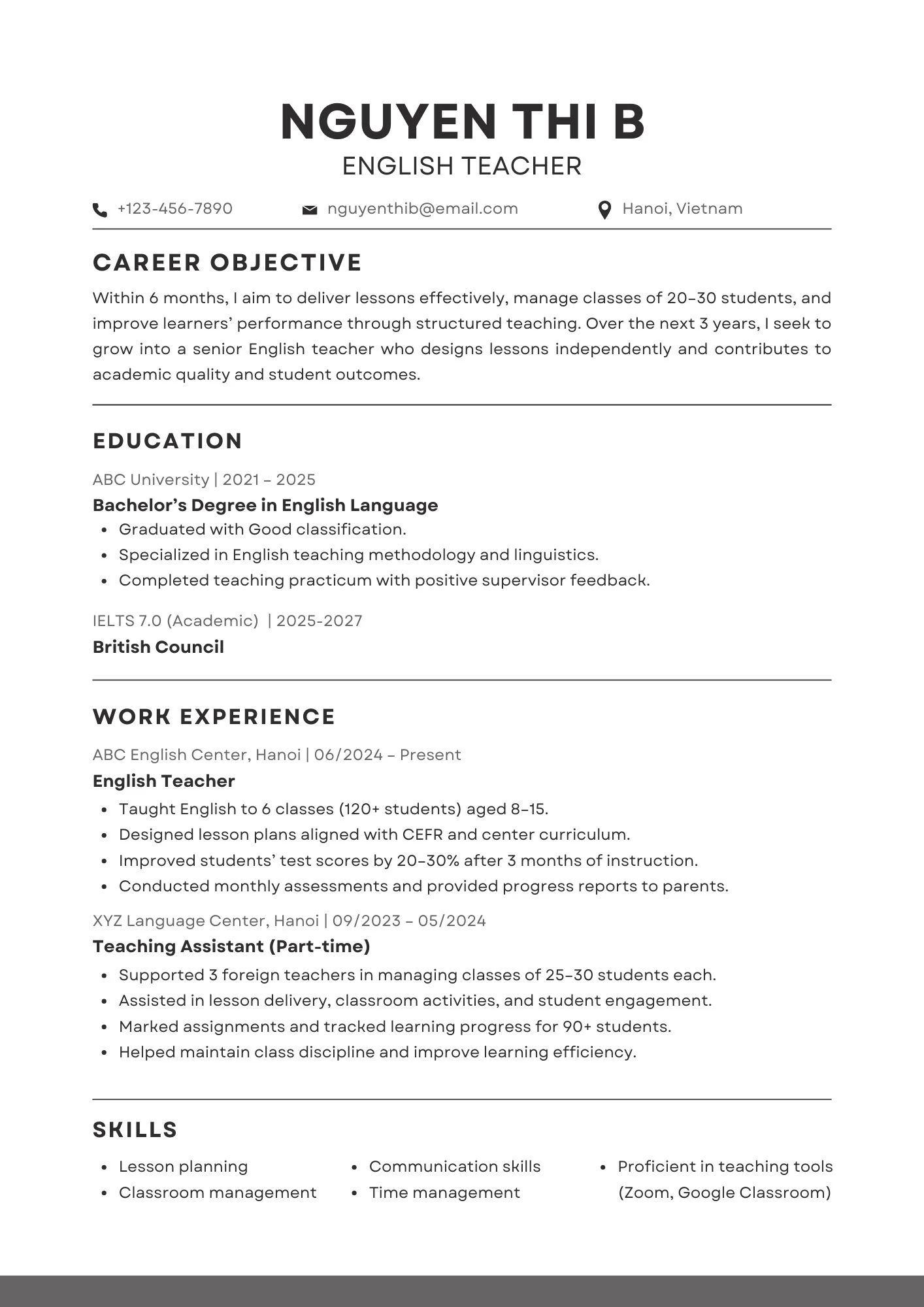 Ví dụ một bản CV có hình thức trình bày chuẩn ATS