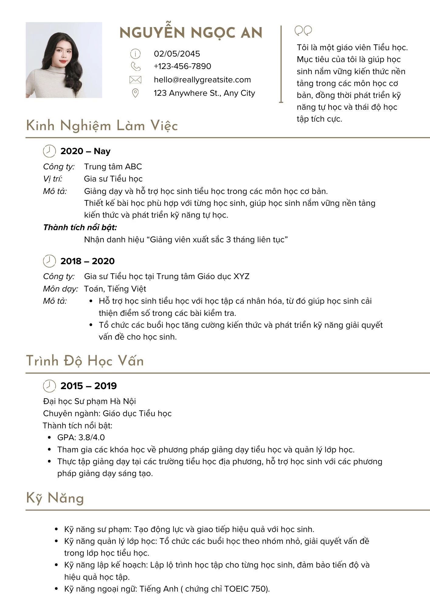 Mẫu CV gia sư dạy cho học sinh tiểu học