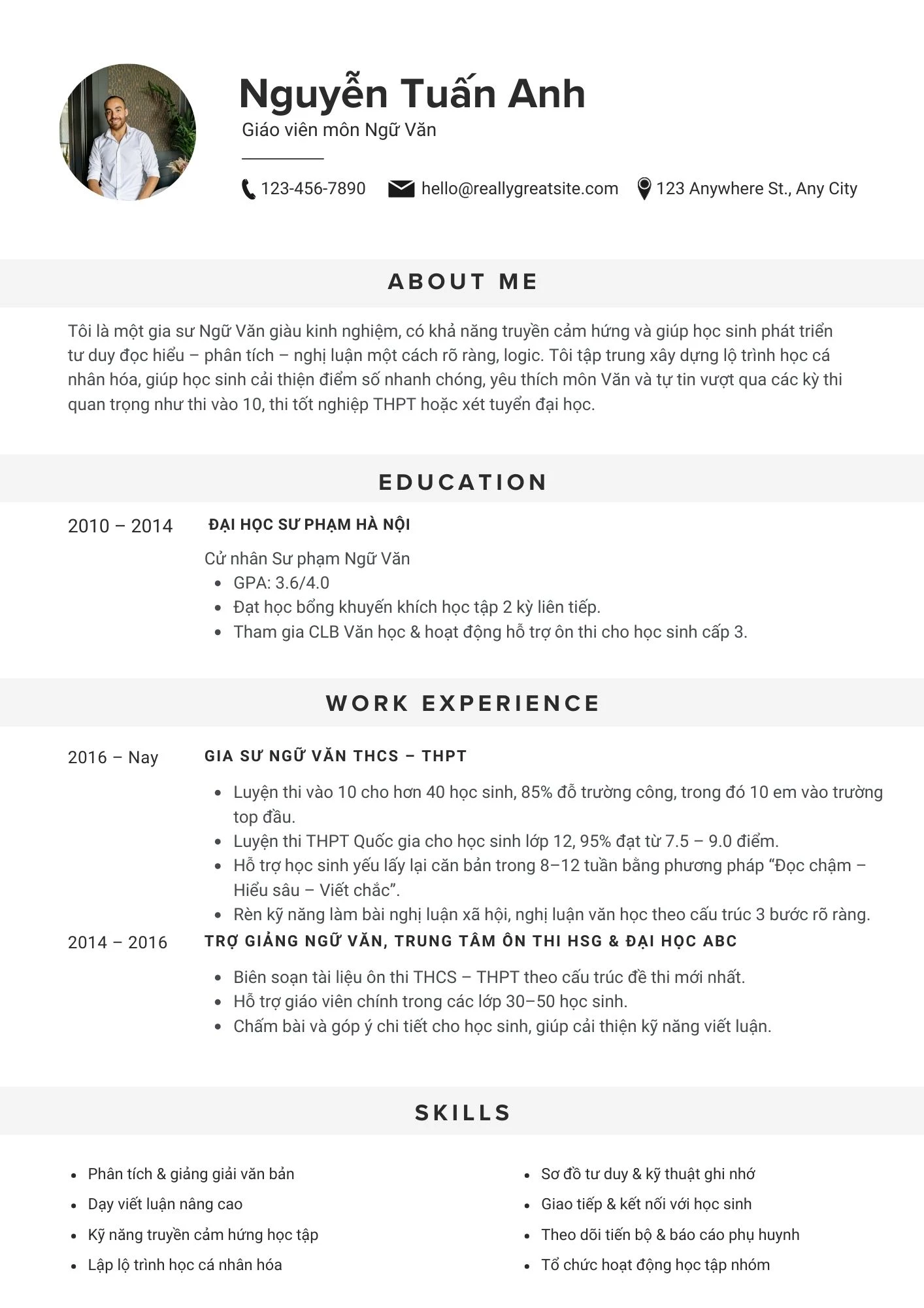 Mẫu CV gia sư môn Ngữ văn