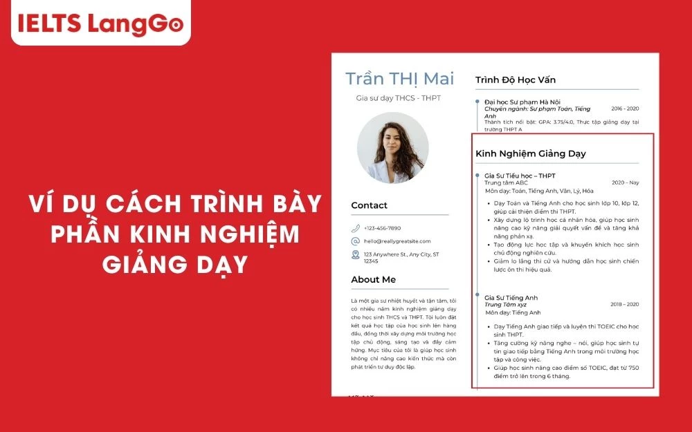 Ví dụ minh họa cách trình bày mục kinh nghiệm giảng dạy rõ ràng, mạch lạc