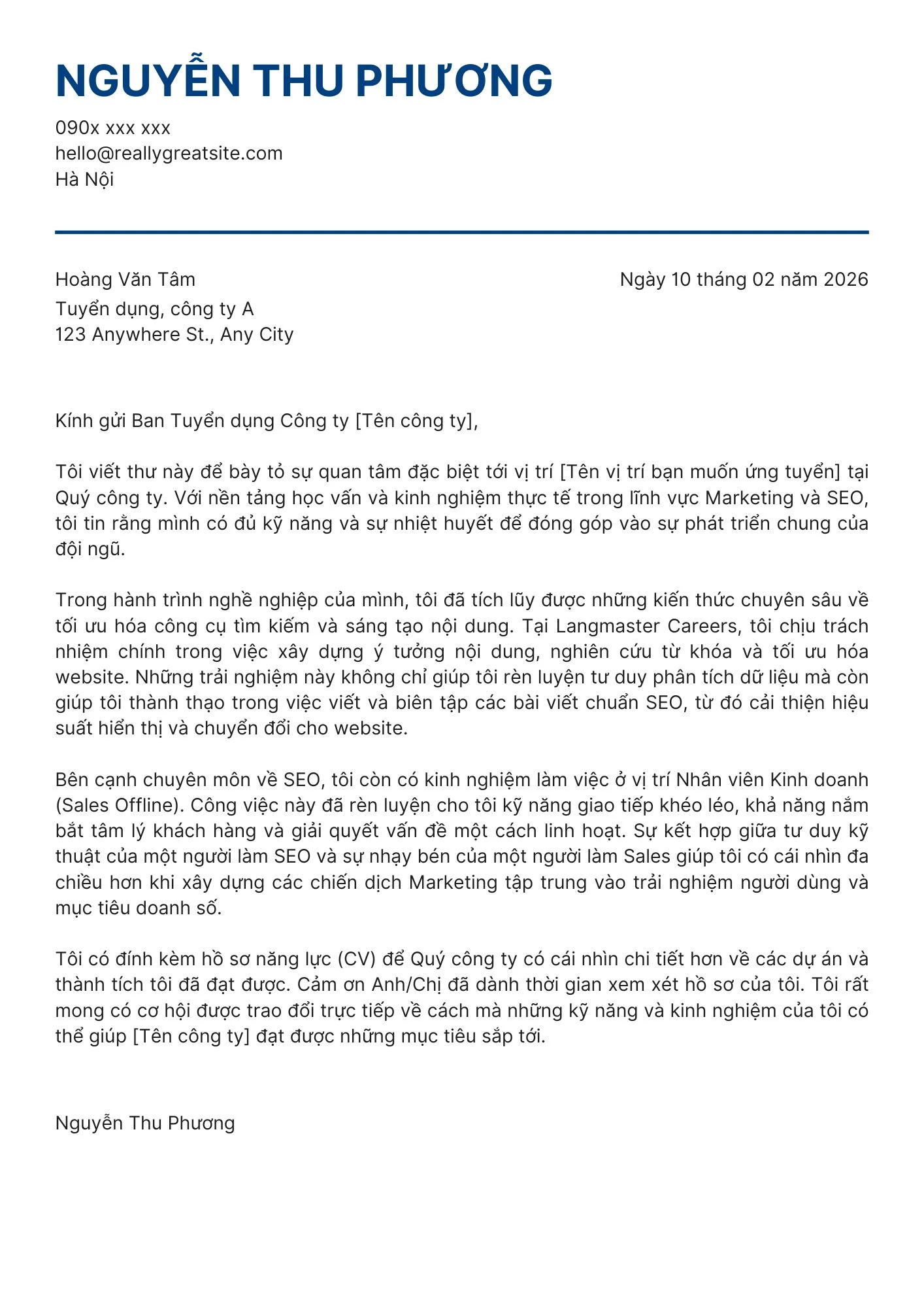 Mẫu Cover Letter tiếng Việt cho sinh viên mới ra trường