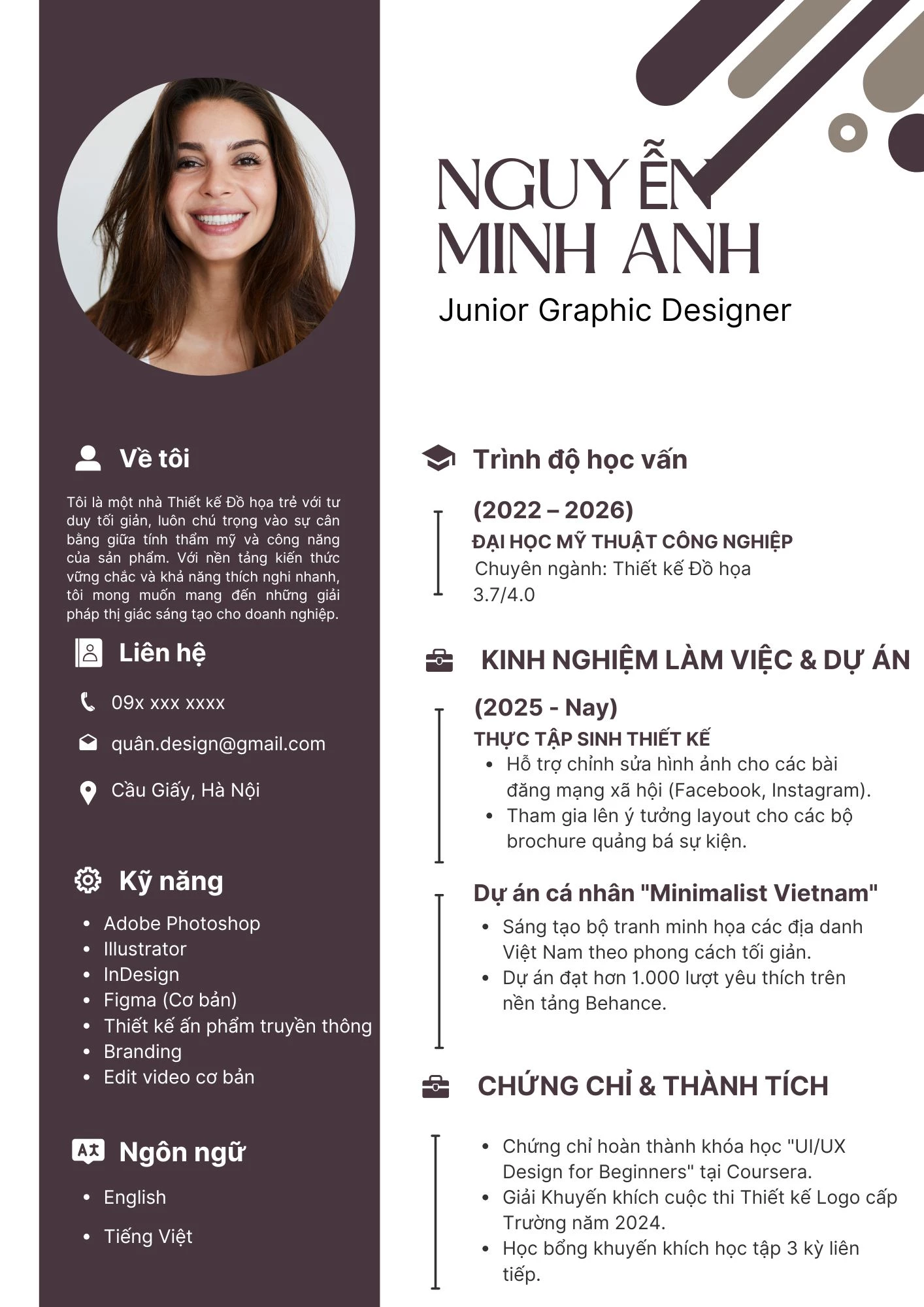 Mẫu CV Designer minimalist cho Fresher/Junior