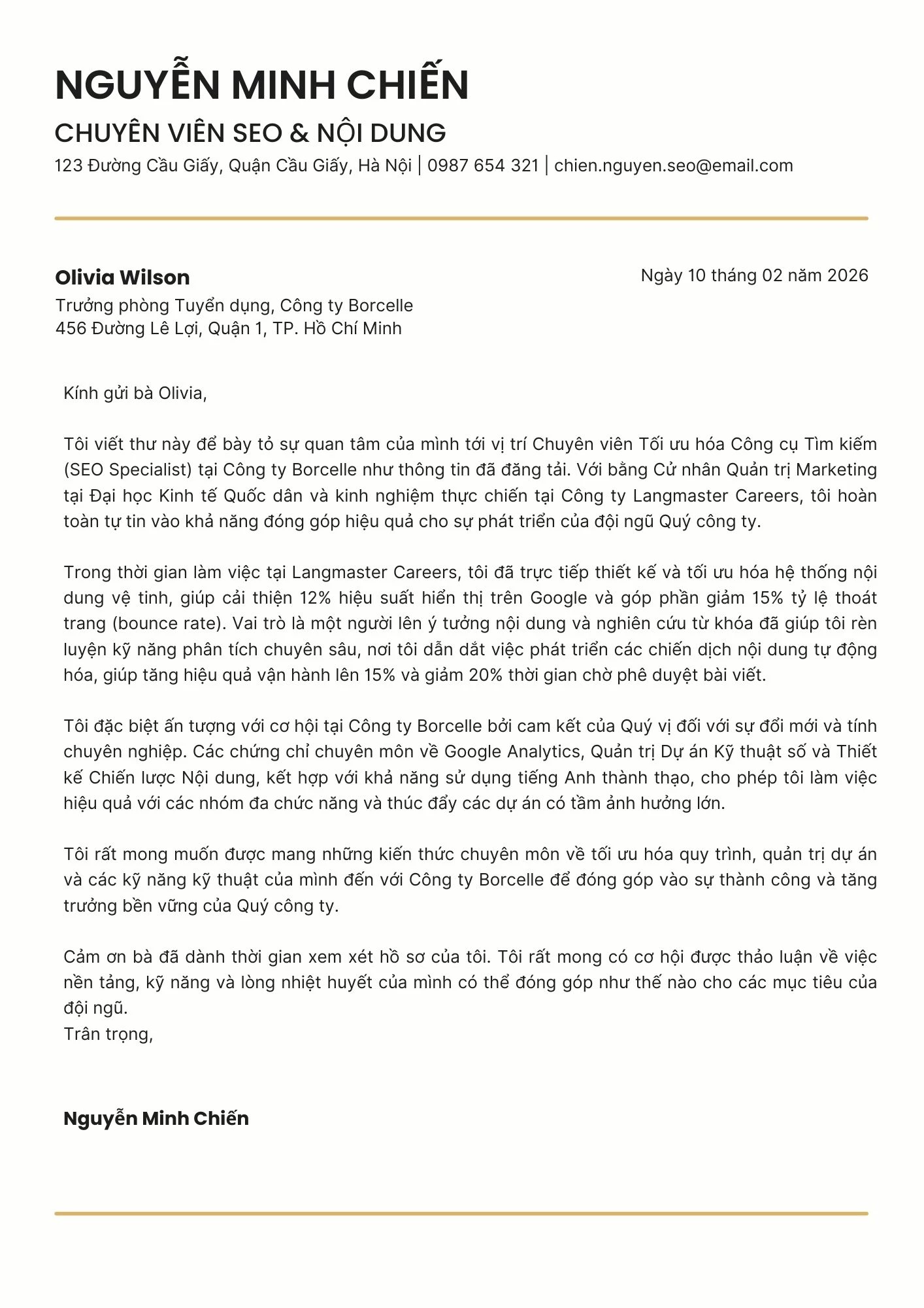 Mẫu Cover Letter tiếng Việt cho người đi làm