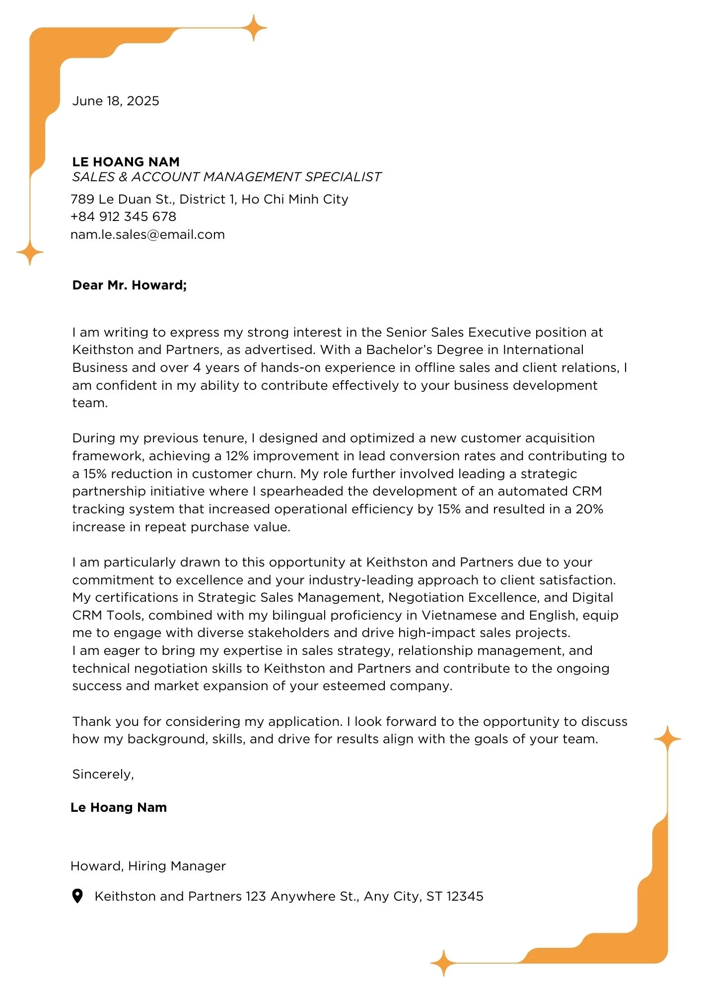 Mẫu Cover Letter tiếng Anh cho vị trí nhân viên