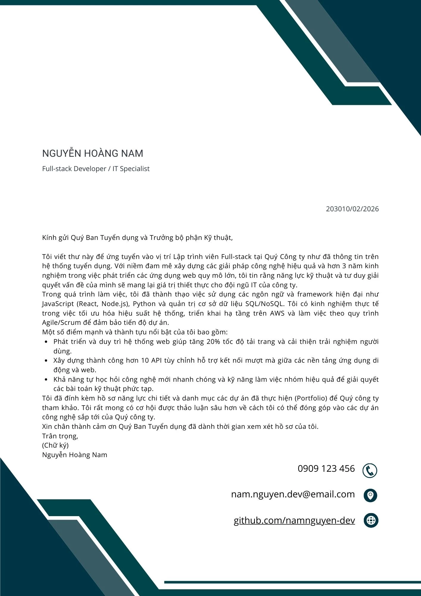 Mẫu Cover Letter dành cho nhân sự ngành IT