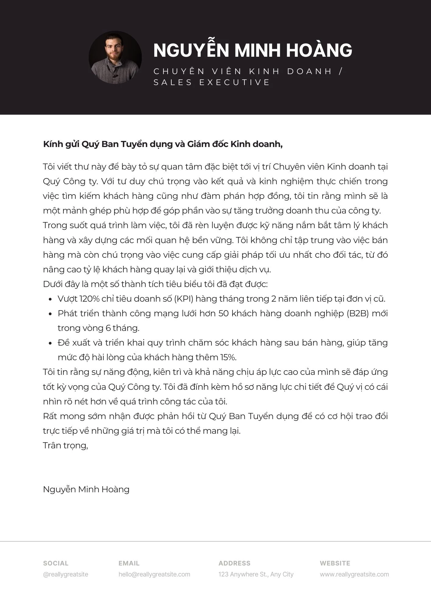 Mẫu Cover Letter dành cho nhân sự ngành Kinh doanh