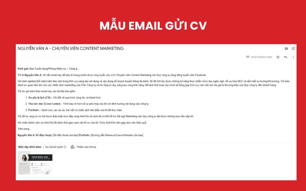 Mẫu Email gửi CV cho nhà tuyển dụng chuẩn