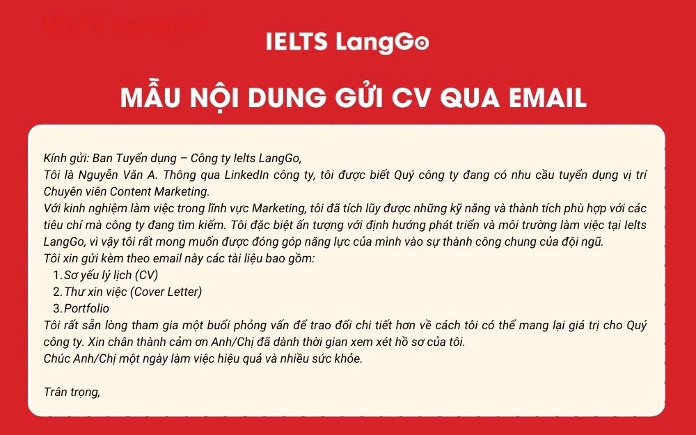 Mẫu nội dung gửi CV qua Email