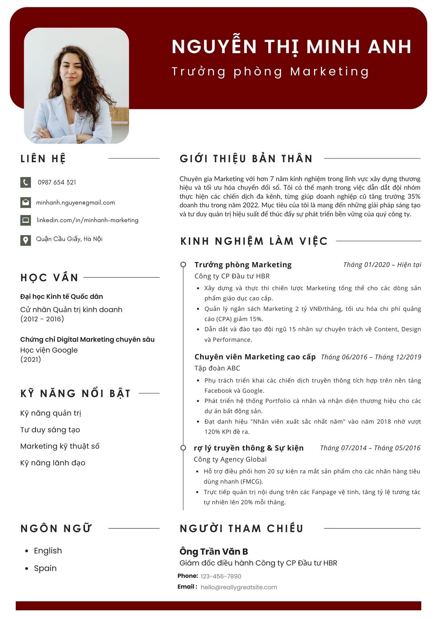 Mẫu CV giới thiệu bản thân - Trưởng phòng Marketing