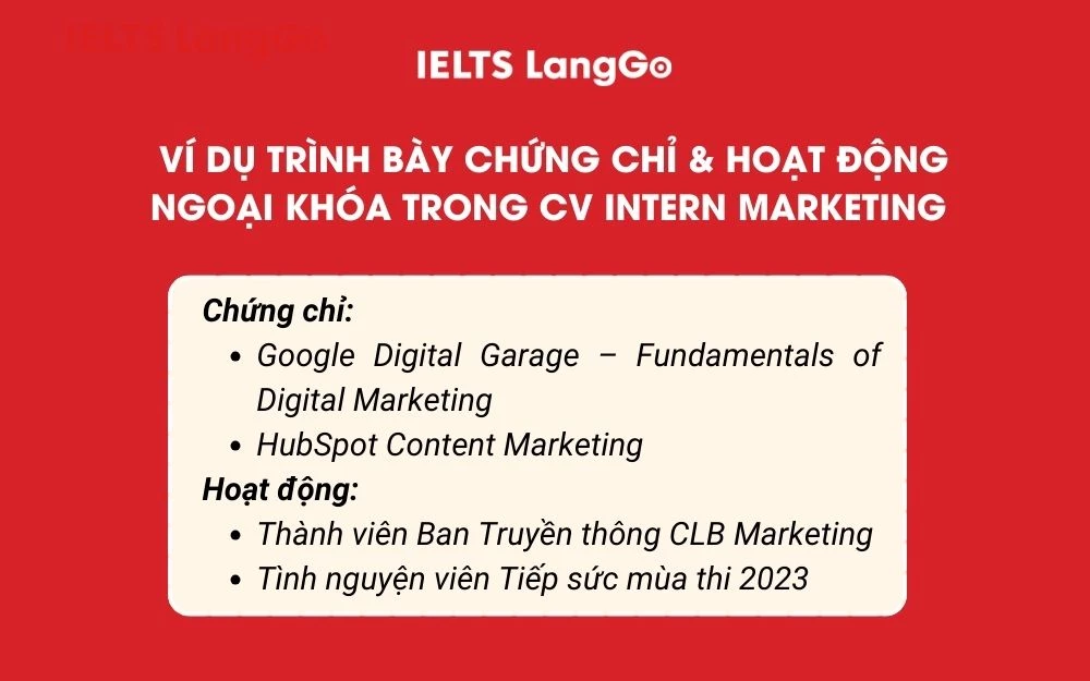 Mẫu trình bày chứng chỉ & hoạt động ngoại khóa trong CV Intern Marketing