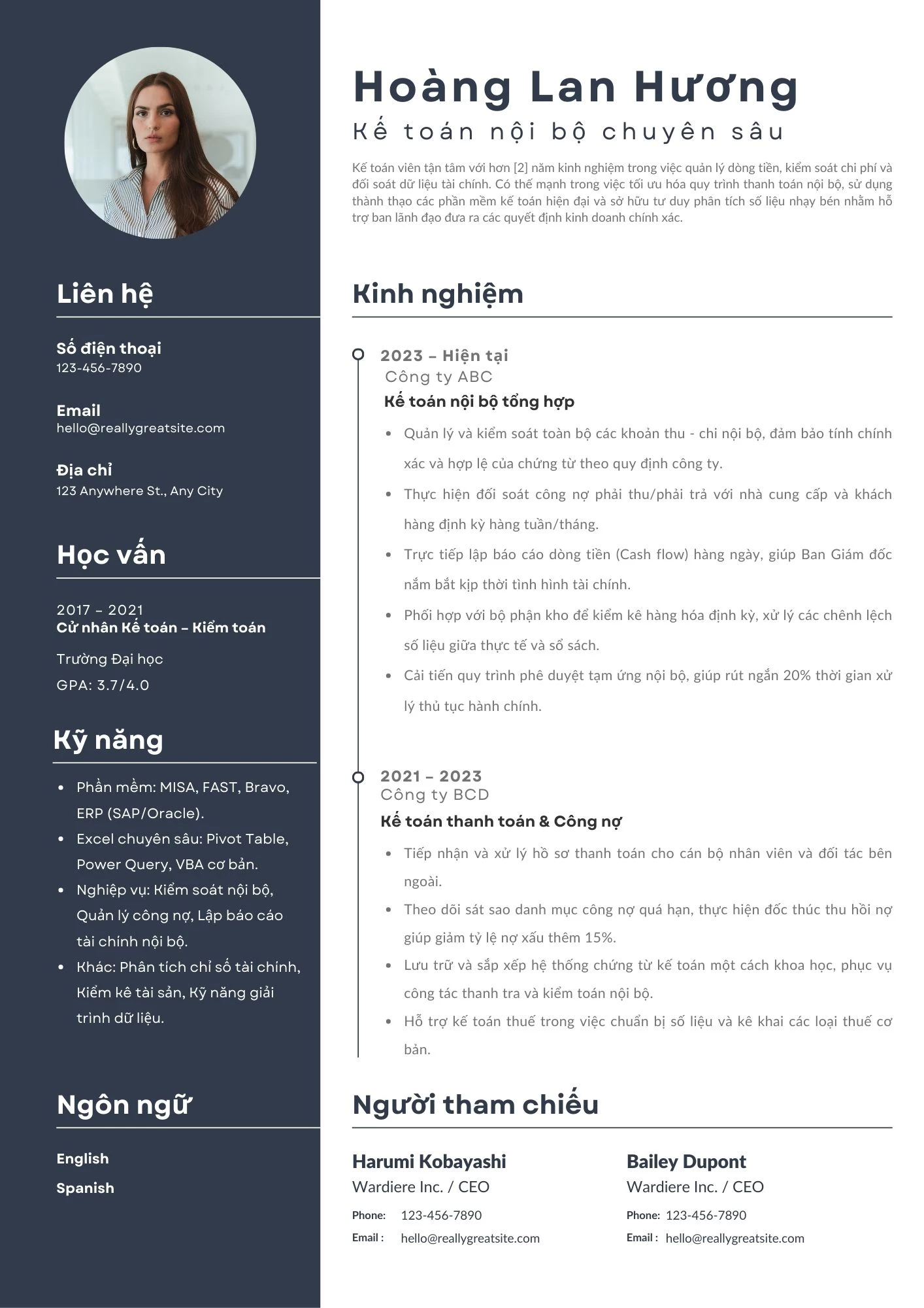 Mẫu CV kế toán nội bộ cho ứng viên từ 1 đến 3 năm kinh nghiệm