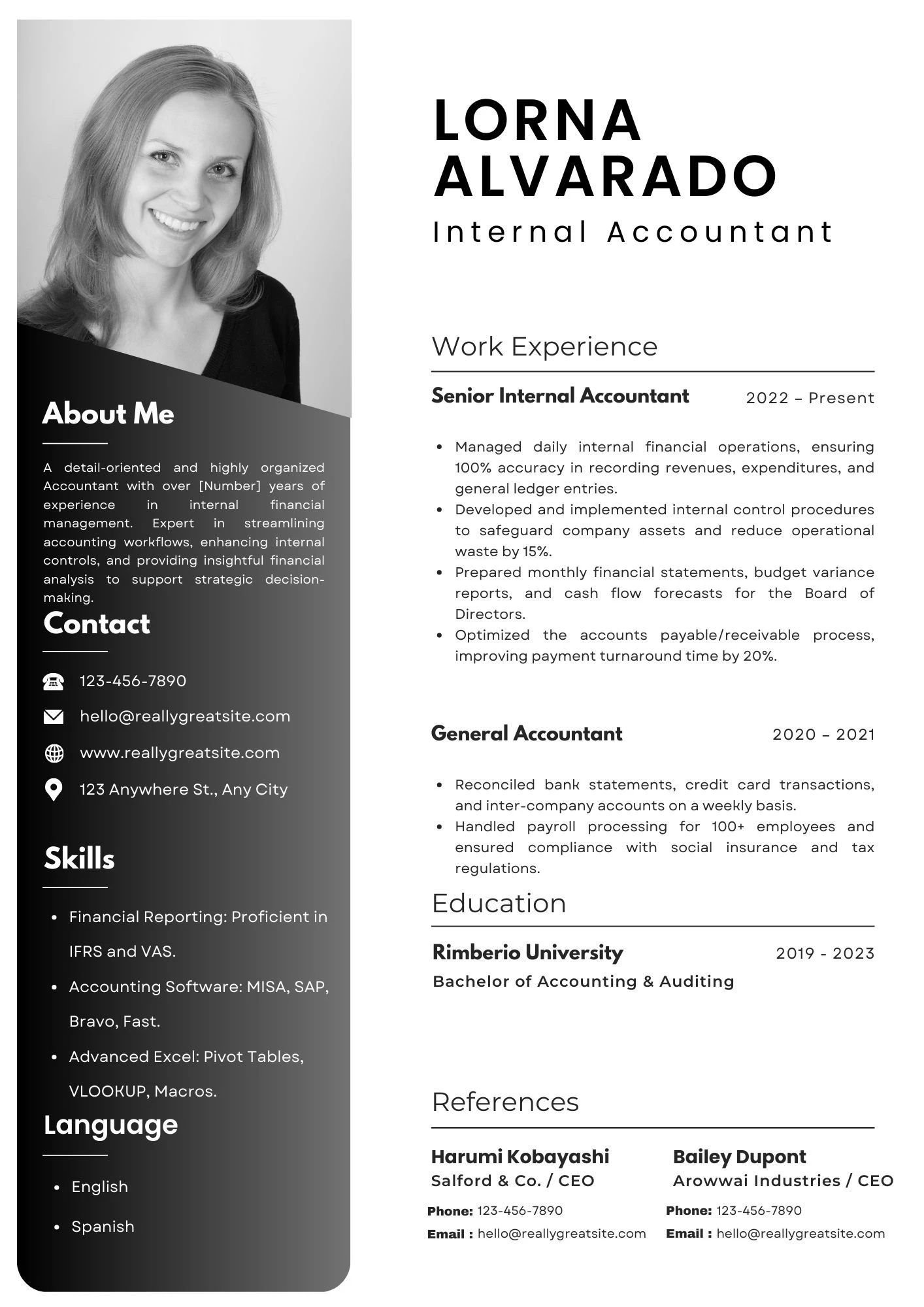 Mẫu CV kế toán nội bộ tiếng Anh chuyên nghiệp