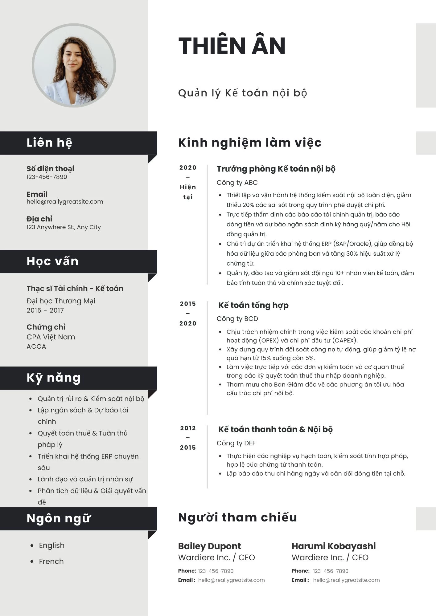 Mẫu CV kế toán nội bộ dành cho cấp quản lý dày dặn kinh nghiệm