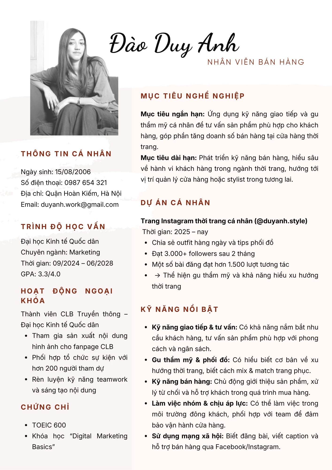 CV part time bán hàng thời trang