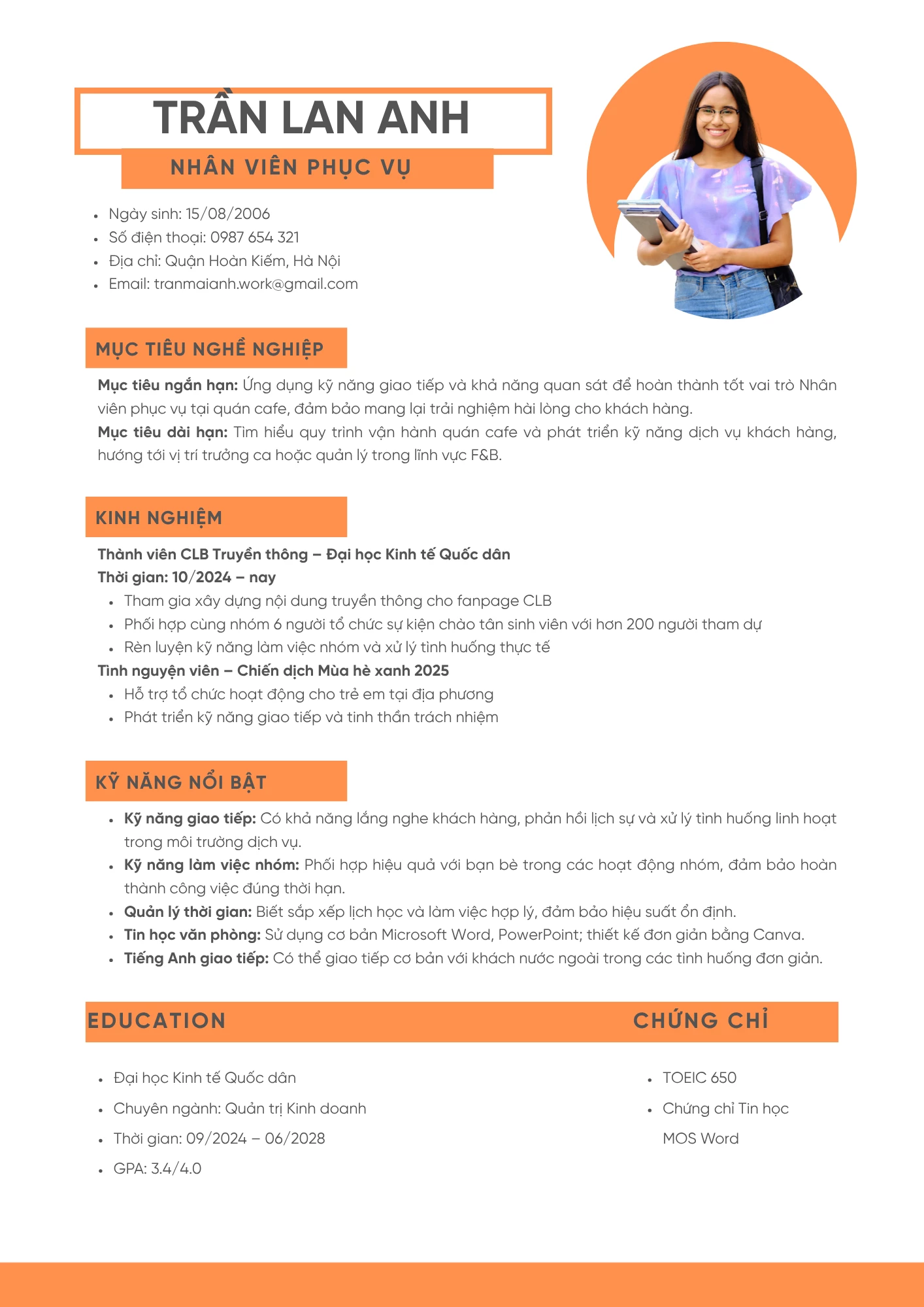 Mẫu CV xin việc part time quán cafe