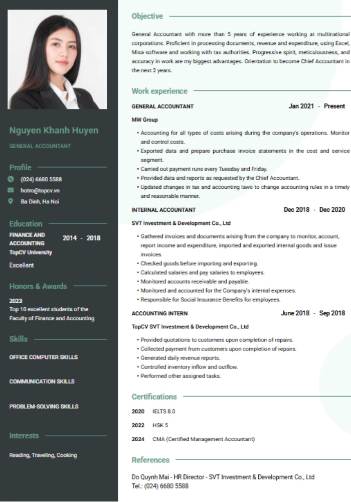 Mẫu CV kế toán bằng tiếng Anh