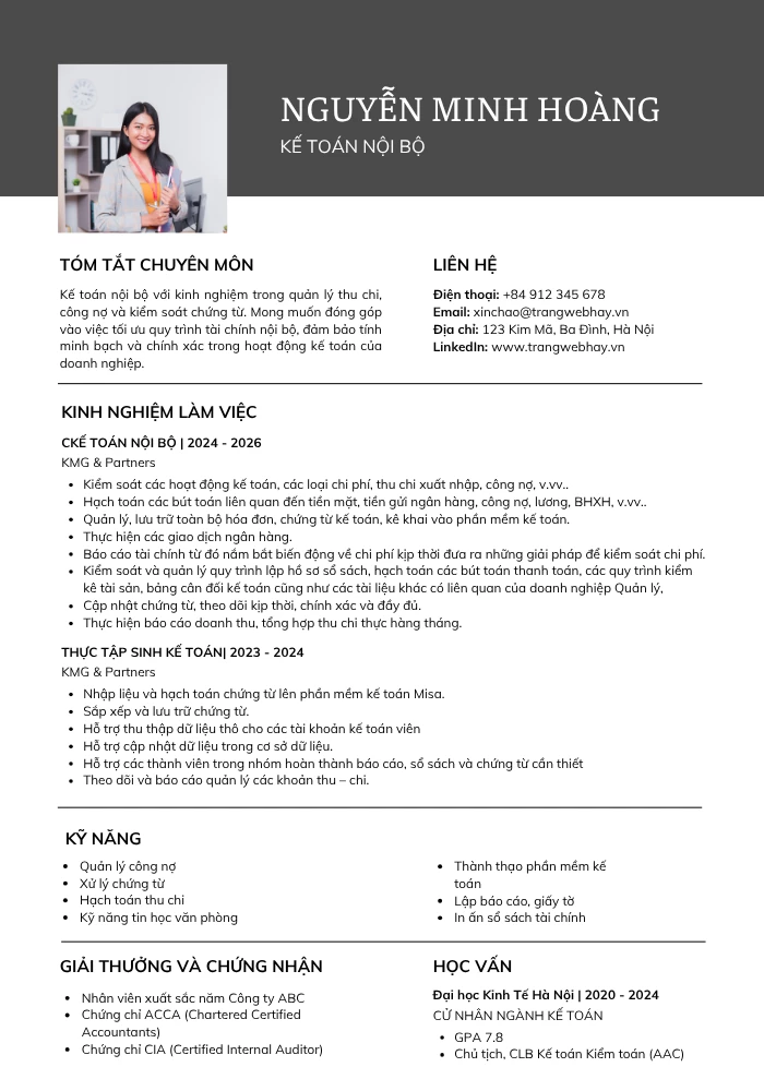 Mẫu CV kế toán nội bộ
