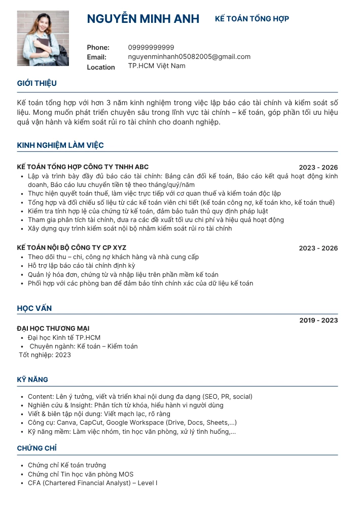 Mẫu CV kế toán tổng hợp