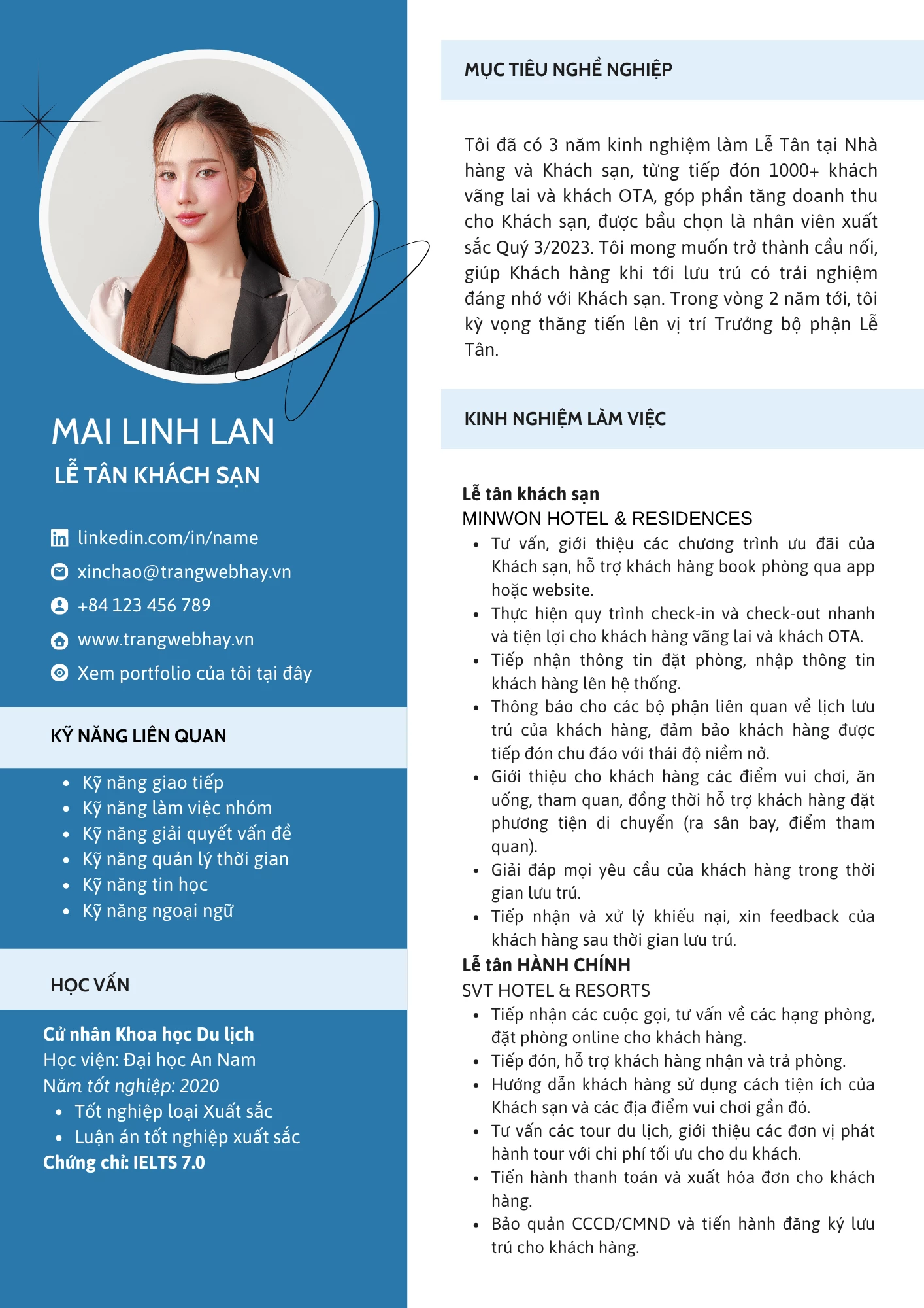 Mẫu CV lễ tân khách sạn