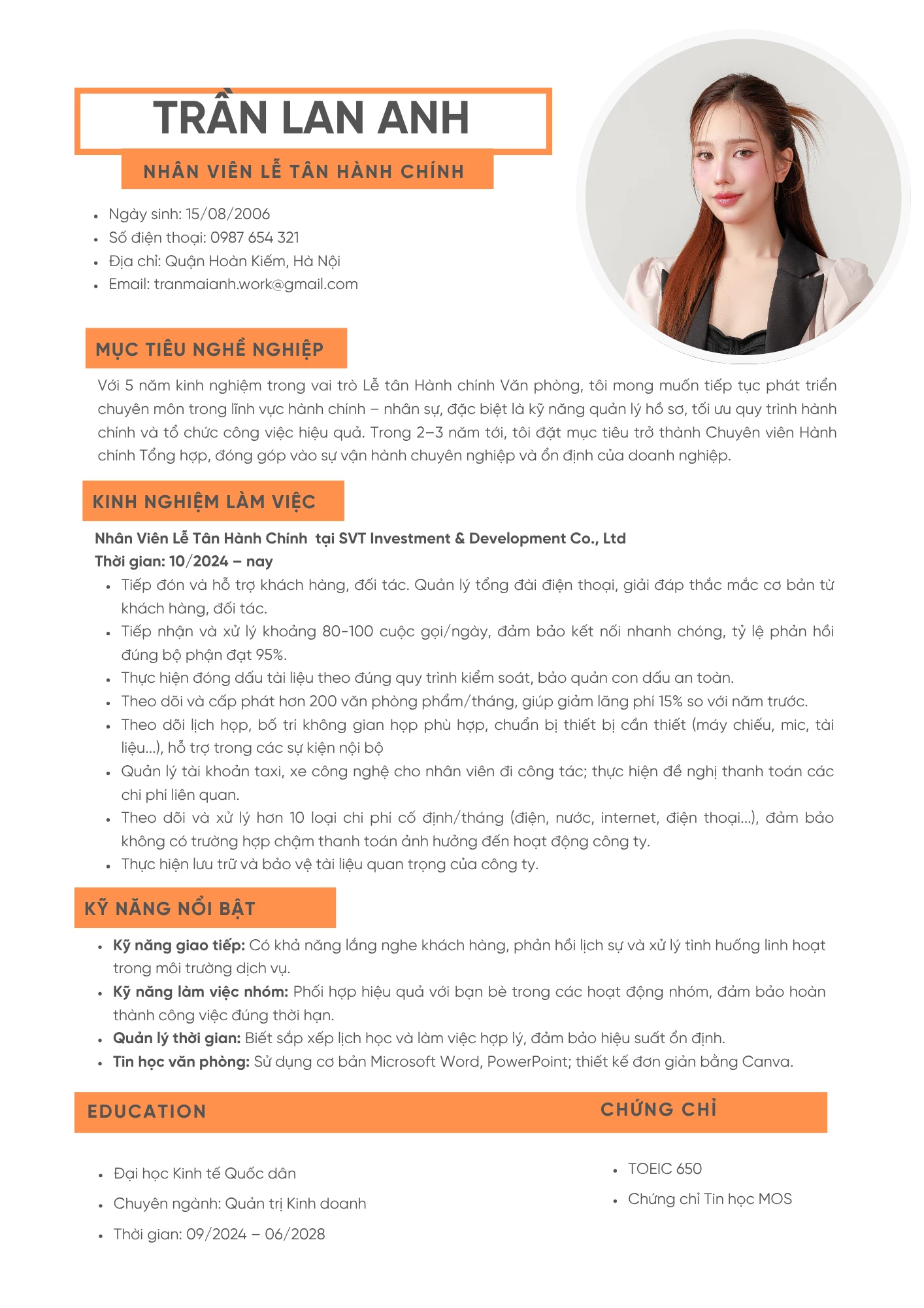 Mẫu CV lễ tân văn phòng công ty