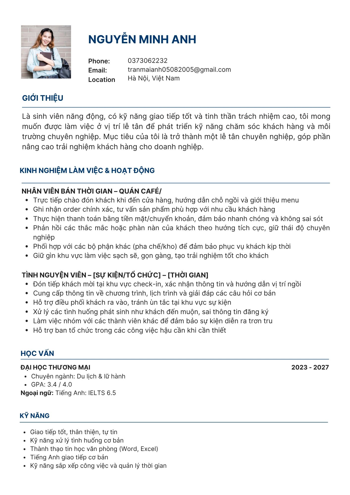 Mẫu CV xin việc lễ tân chưa có kinh nghiệm