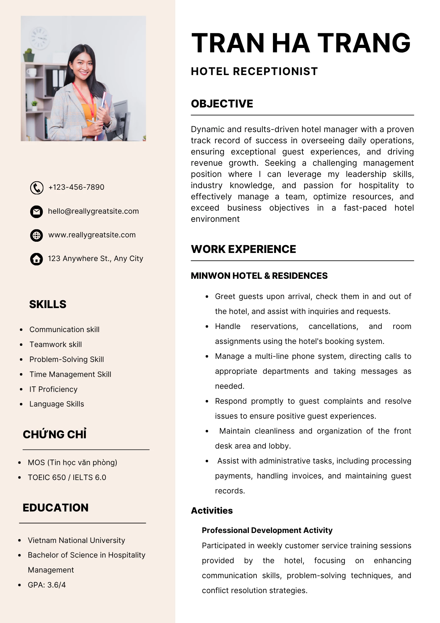 Mẫu CV xin việc lễ tân tiếng Anh