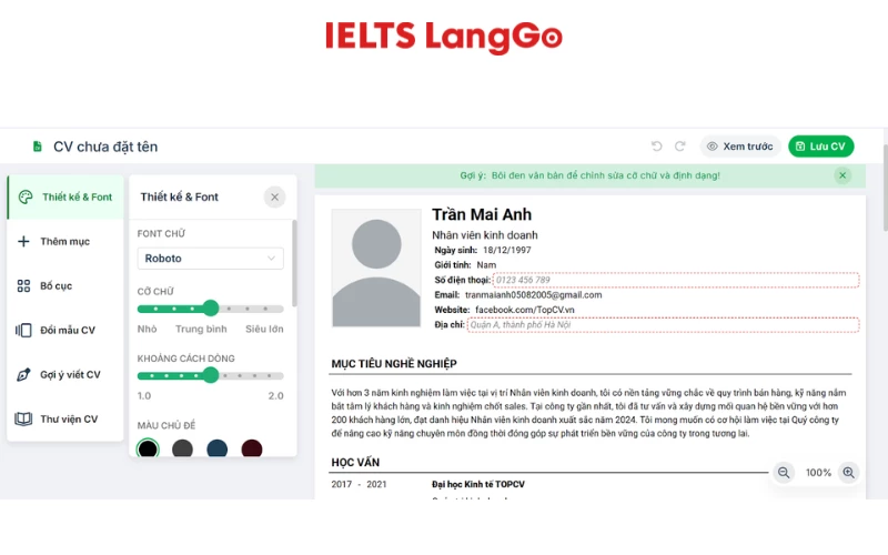 Bước 4: Nhập thông tin vào CV